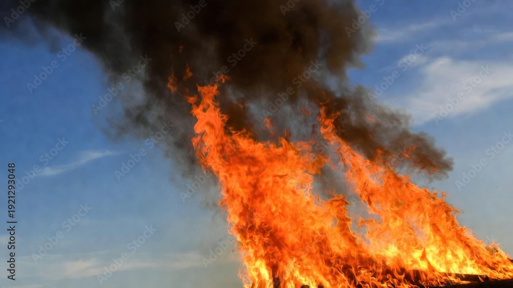 Fototapeta premium Intense fire flames and thick smoke against blue sky.
