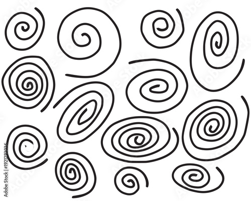 A black and white image of many swirling shapes
