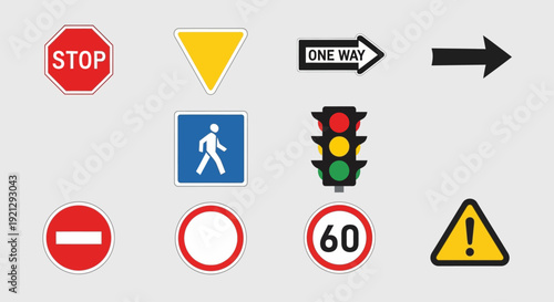 Comprehensive Collection of Traffic Control and Road Safety Signs: Vector Illustration Featuring Stop, Speed Limit, Traffic Light, Pedestrian Crossing, and Warning Symbols for Driver Education