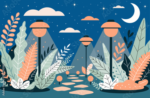 Illustration of solar powered lights illuminating garden path at night modern eco friendly outdoor lighting creating safe sustainable landscape design scene
