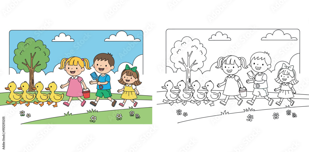 Obraz premium Happy cartoon children walking in line behind cute yellow ducks in the park