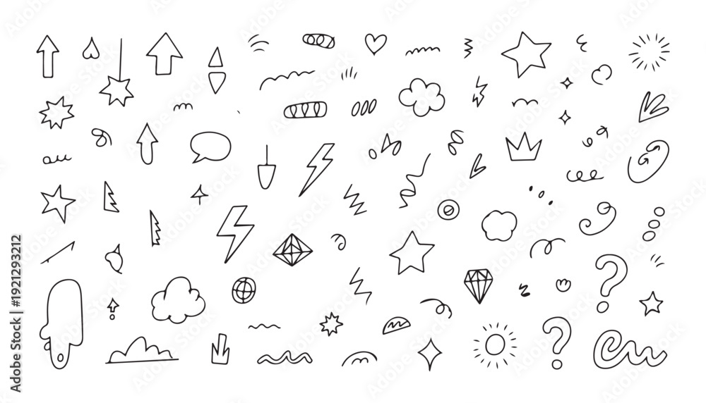 Fototapeta premium Hand drawn doodles icons and symbols like arrows hearts clouds stars and question marks