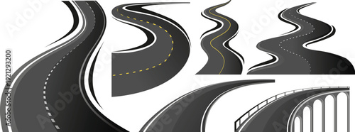 A winding road with white lines on a plain background