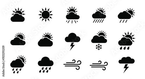 Various weather icons arranged in rows depicted as a silhouette
