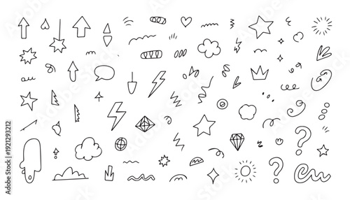 Hand drawn doodles icons and symbols like arrows hearts clouds stars and question marks