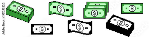 Set editable pixel paper money icon vector for retro shopping apps. Ideal for symbolizing digital payments, 8-bit cash flow, and vintage arcade commerce.