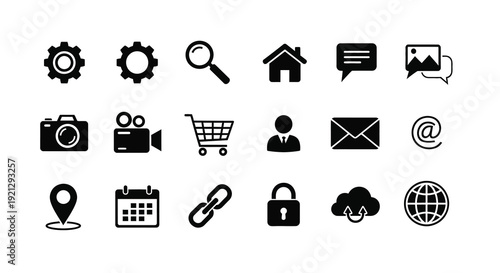 Collection of various black icons representing digital concepts silhouette