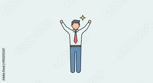 Excited businessman celebrating success with raised arms, a star symbol above his head.