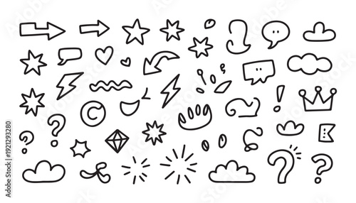 Doodle icons set with arrows stars clouds hearts and lightning bolts whimsical hand drawn style