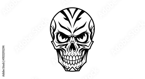 Scary Skull Tattoo Design, Danger Symbol, Horror Face Illustration, Black and White