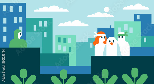 Vector Illustration of Playful Cityscape with Cartoon Characters, Buildings, and Whimsical Design