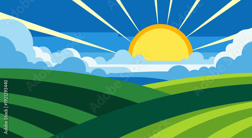 Serene rolling hills with bright sun and cloudy sky in vibrant cartoon style vector illustration