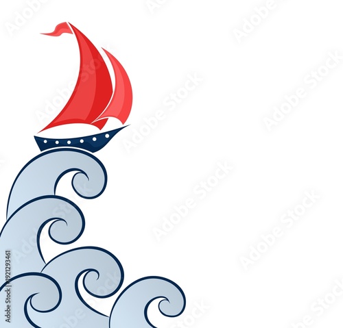 The ship with red sails in a sea storm.