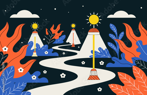 Illustration of solar powered lights illuminating garden path at night modern eco friendly outdoor lighting creating safe sustainable landscape design scene