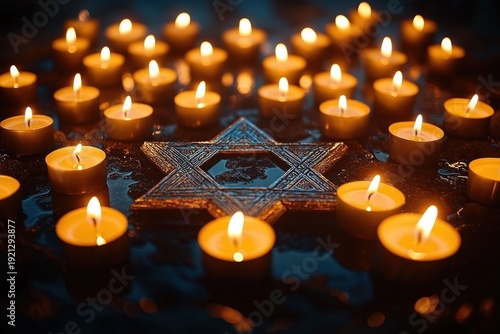 Warm glowing tealight candles surrounding a textured six-pointed star on a dark wet reflective surface, evoking a peaceful, reverent mood