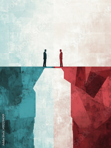 Political polarization concept illustrated by two individuals standing on bridge connecting opposing sides symbolizing division and potential for unity in society