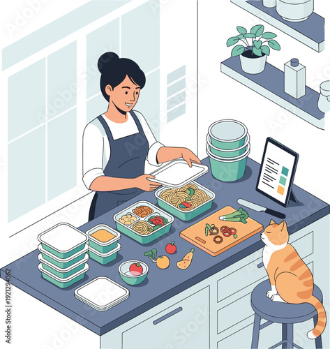 Isometric woman preparing healthy meal prep boxes in modern kitchen, food delivery or home catering concept with cute cat watching, organized containers, fresh ingredients, flat vector illustration.
