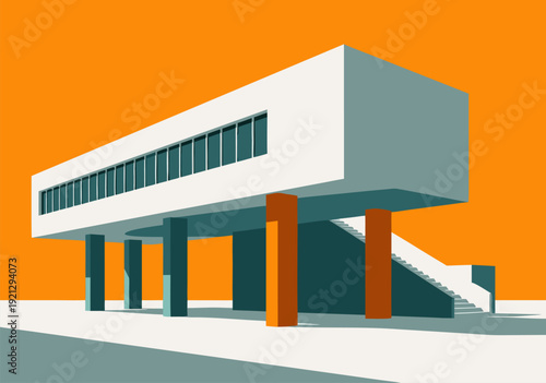 Modern Vector Illustration of Minimalist Architectural Building Design with Clean Lines and Orange Background