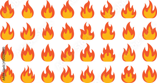 Flat fire flame icons vector set for heat energy burning warning and hot temperature symbol design