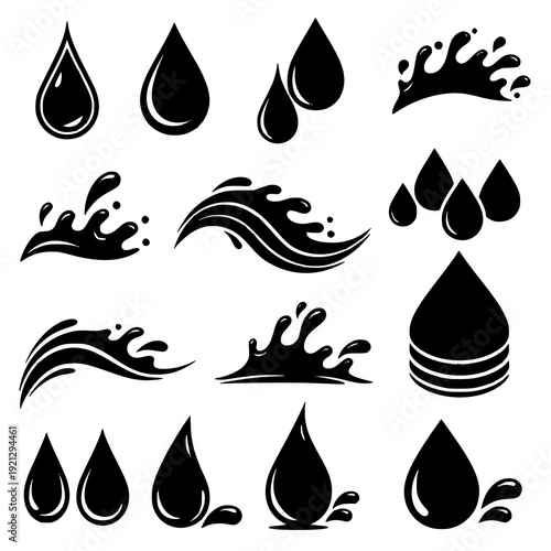 Aqua splash and teardrop silhouette flat black vector sticker elements isolated on transparent background