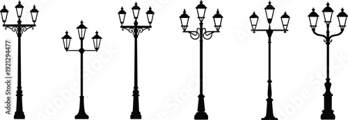 Assortment of six classic street light silhouettes with varying pole designs on white background street lights