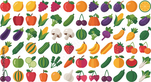 Colorful fruits and vegetables vector icon set for healthy food grocery market and organic farming design