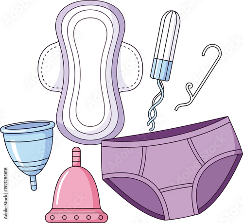 Feminine hygiene products collection menstrual cup pad tampon panties vector illustration vector
