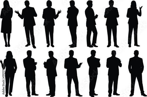 Array of black silhouettes of business people in different poses and attire women suits