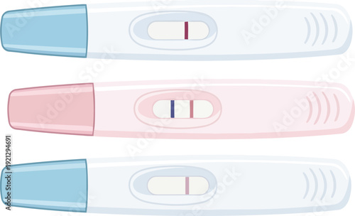 Three home pregnancy tests showing positive and negative results isolated on vector
