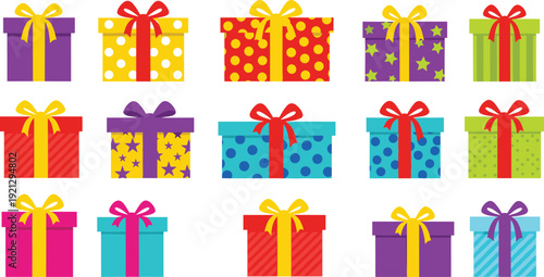 Colorful gift boxes with ribbon bows vector set for birthday celebration holiday present and festive packaging design