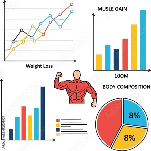 Fitness progress tracking body composition weight loss data analysis charts and graphs illustration vector
