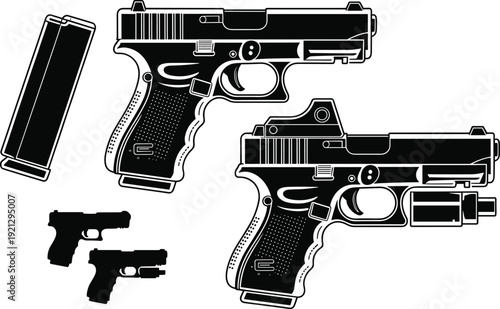 Black and white illustration of two modern handguns, a magazine, and two smaller pistols firearm weapon