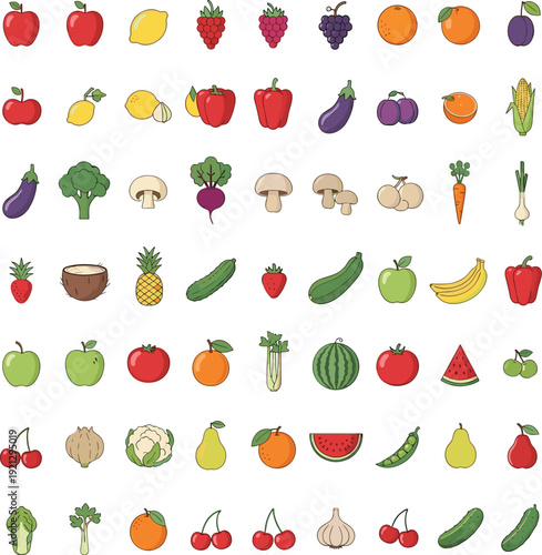 Hand drawn fruits and vegetables vector collection for healthy food grocery market organic farming and nutrition design