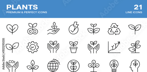 Plant and ecology outline icons vector set for environmental growth organic gardening and sustainable nature line design