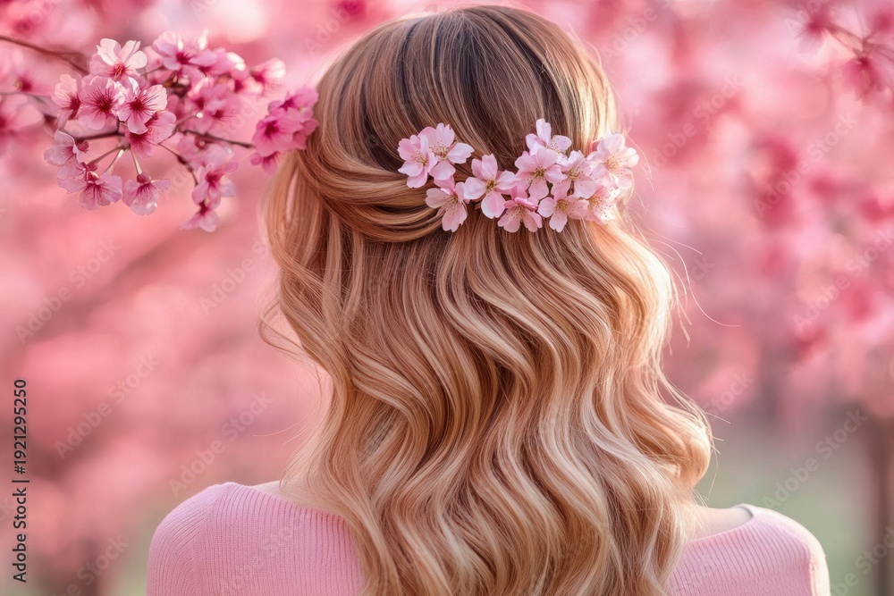 Naklejka premium woman from behind with long wavy blonde hair, pink flower crown and pink sweater among cherry blossom trees, serene dreamy spring atmosphere