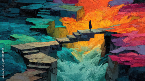 Symbolic depiction of a man’s midlife crisis: a lone figure stands on a crumbling bridge above a turbulent river of time, with sections falling away beneath him. Concept of instability