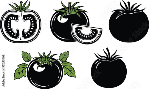 Tomato whole slice and silhouette vector collection for fresh vegetable food ingredient organic farm and grocery design