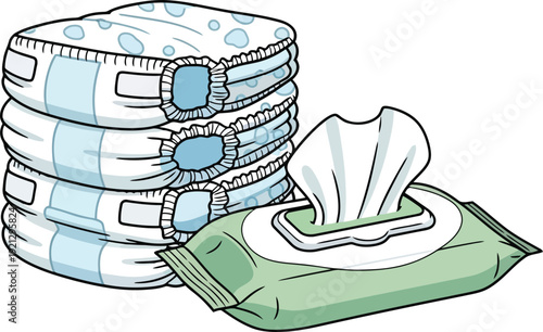 Stack of disposable baby diapers and pack of wet wipes isolated simple line art illustration vector