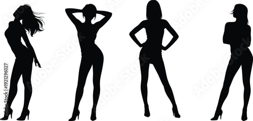 Female fashion model silhouettes, high heel poses, confident women standing, body shape profiles, style, elegance, black vector illustrations, isolated background