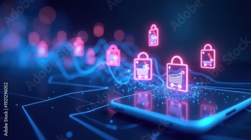 Abstract 3D render of shopping icons flowing as digital data into a smartphone, representing the speed of e-commerce.