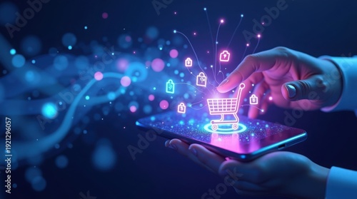 Abstract 3D render of shopping icons flowing as digital data into a smartphone, representing the speed of e-commerce.