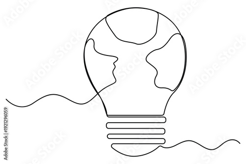 Eco innovation concept with earth shaped light bulb line art
