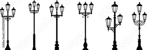 Collection of six vintage street lamp silhouettes with ornate designs on white background street lamps