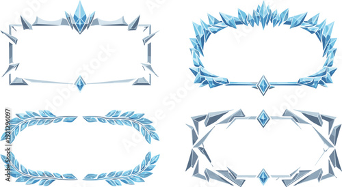 Blue crystal frame border set with icy decorative elements isolated vector collection