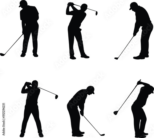 Golf player silhouettes set, golfer poses swinging putting driving chipping, sports vector icons, black minimal isolated illustrations editable scalable designs