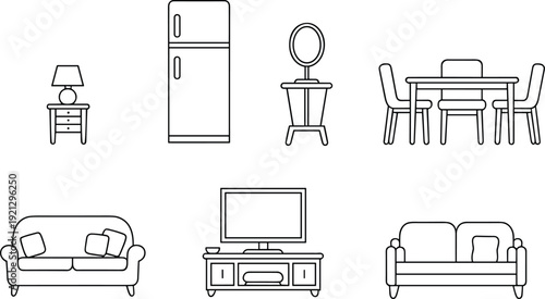 Home furniture line icons set, sofa, refrigerator, dining table, chairs, television stand, lamp, vanity mirror, interior outline vector