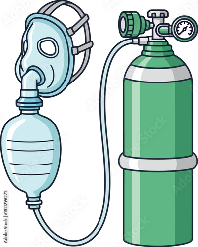 Medical oxygen tank and mask for respiratory therapy and emergency breathing support vector