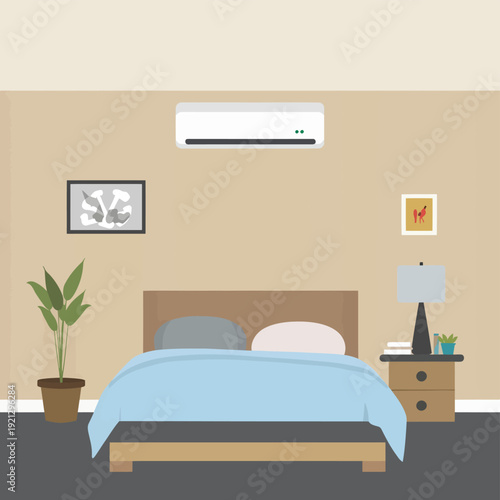 Simple vector illustration depicting a clean and comfortable bedroom interior featuring a bed air conditioner nightstand and indoor plant elements for modern home design.