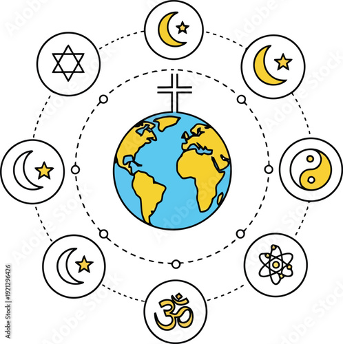 Diverse world religions symbols circle earth globe unity diversity spiritual beliefs harmony vector