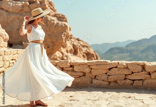 Flowy white linen midi skirt and matching cropped top, straw hat,  outfit,  resort